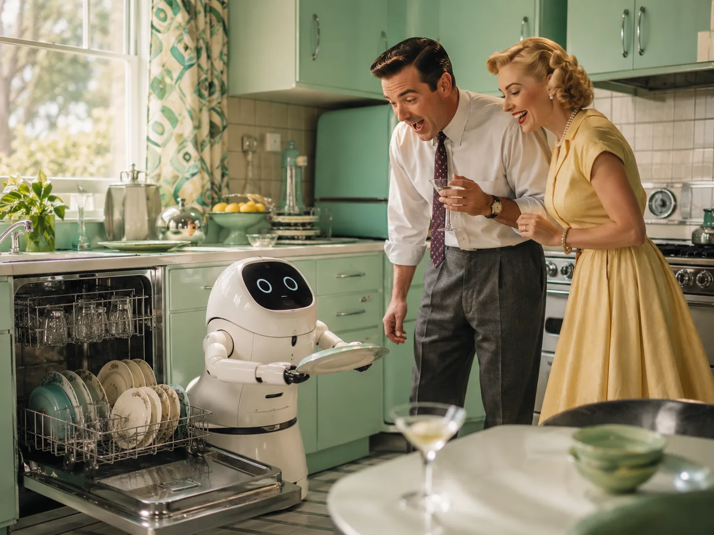 Period-style scene of a small home robot unloading a dishwasher while a couple watch