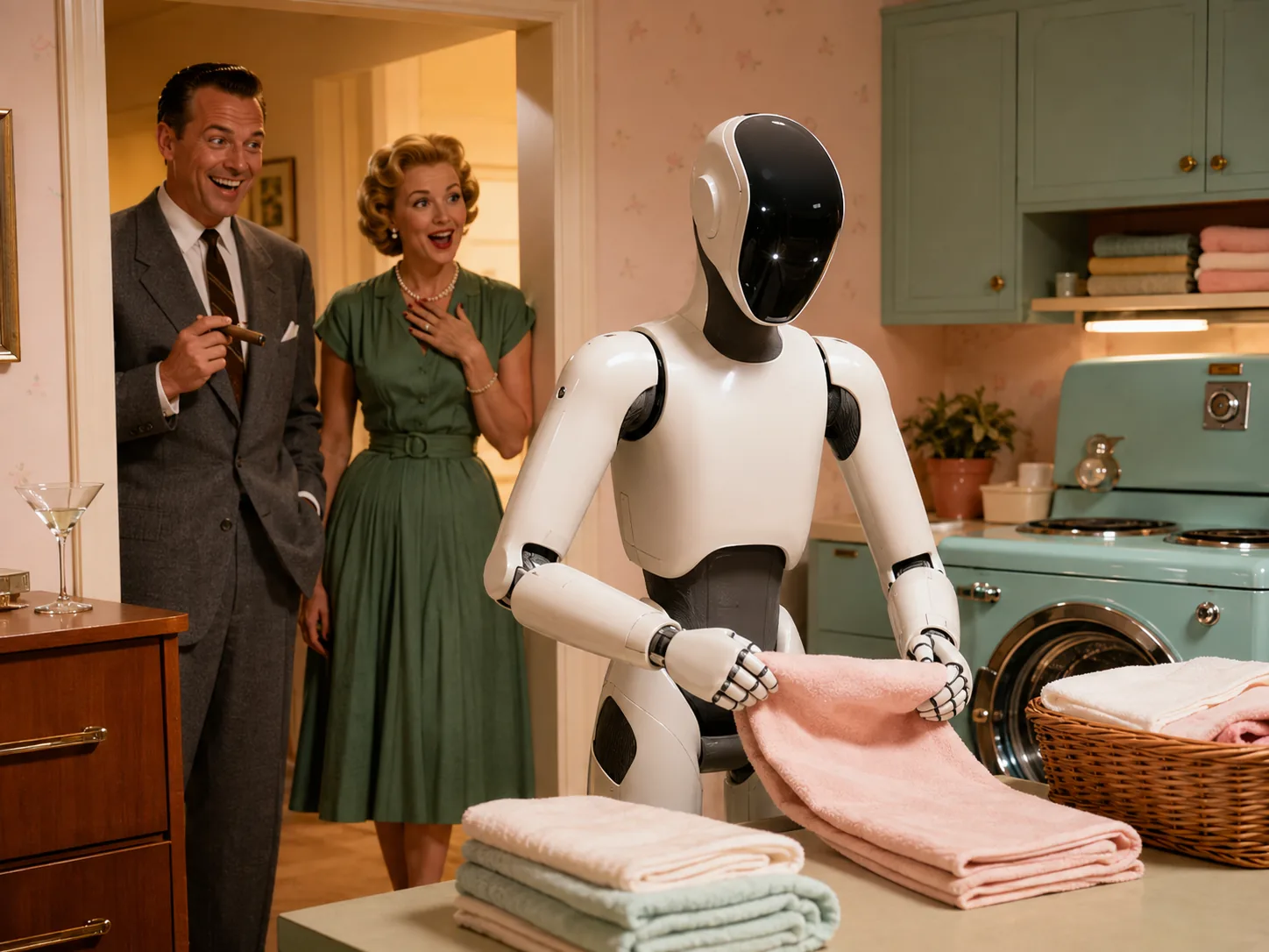 Period-style scene of a modern humanoid folding towels while a 1950s couple watch