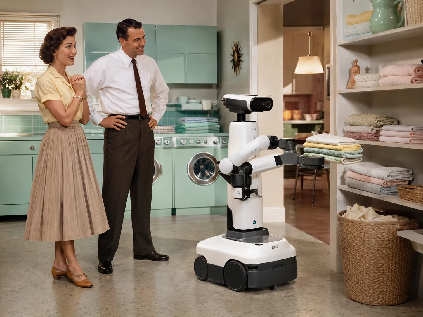 Period-style scene of a household robot carrying folded towels while a couple watch